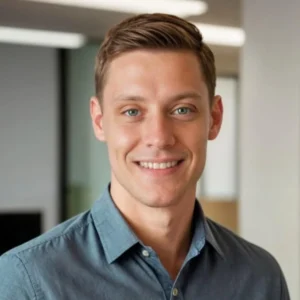 indoor headshot of a man in dark blue business shirt created by Fotor AI professional LinkedIn photo maker